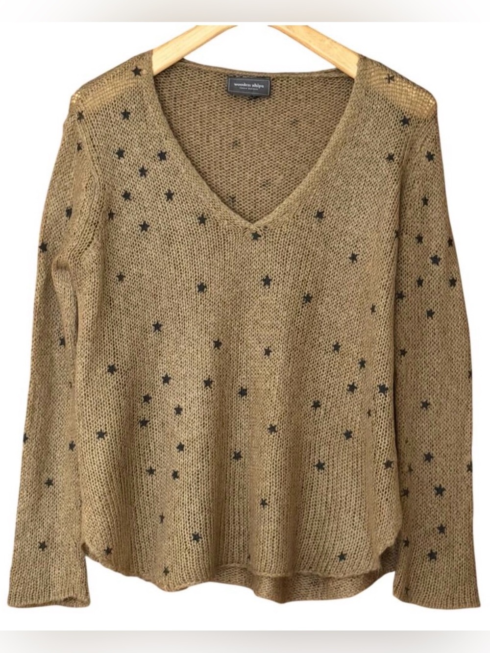 Wooden Ships Khaki Navy Star Open Knit Flare Sleeve Sweater Size S/M